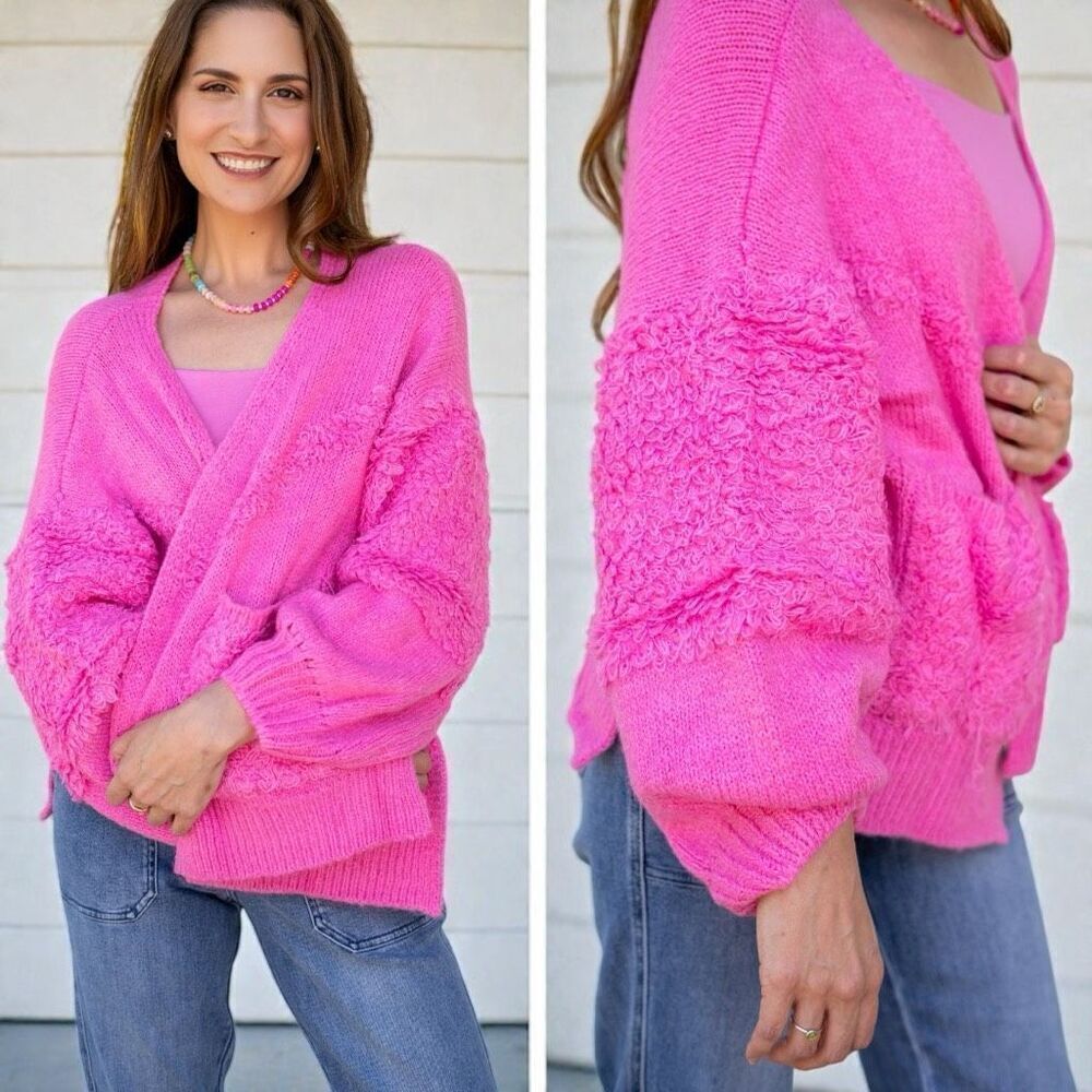 Pink Side Slit Open Front Cardigan Size Large NEW - Davi & Dani - Picture 7 of 14